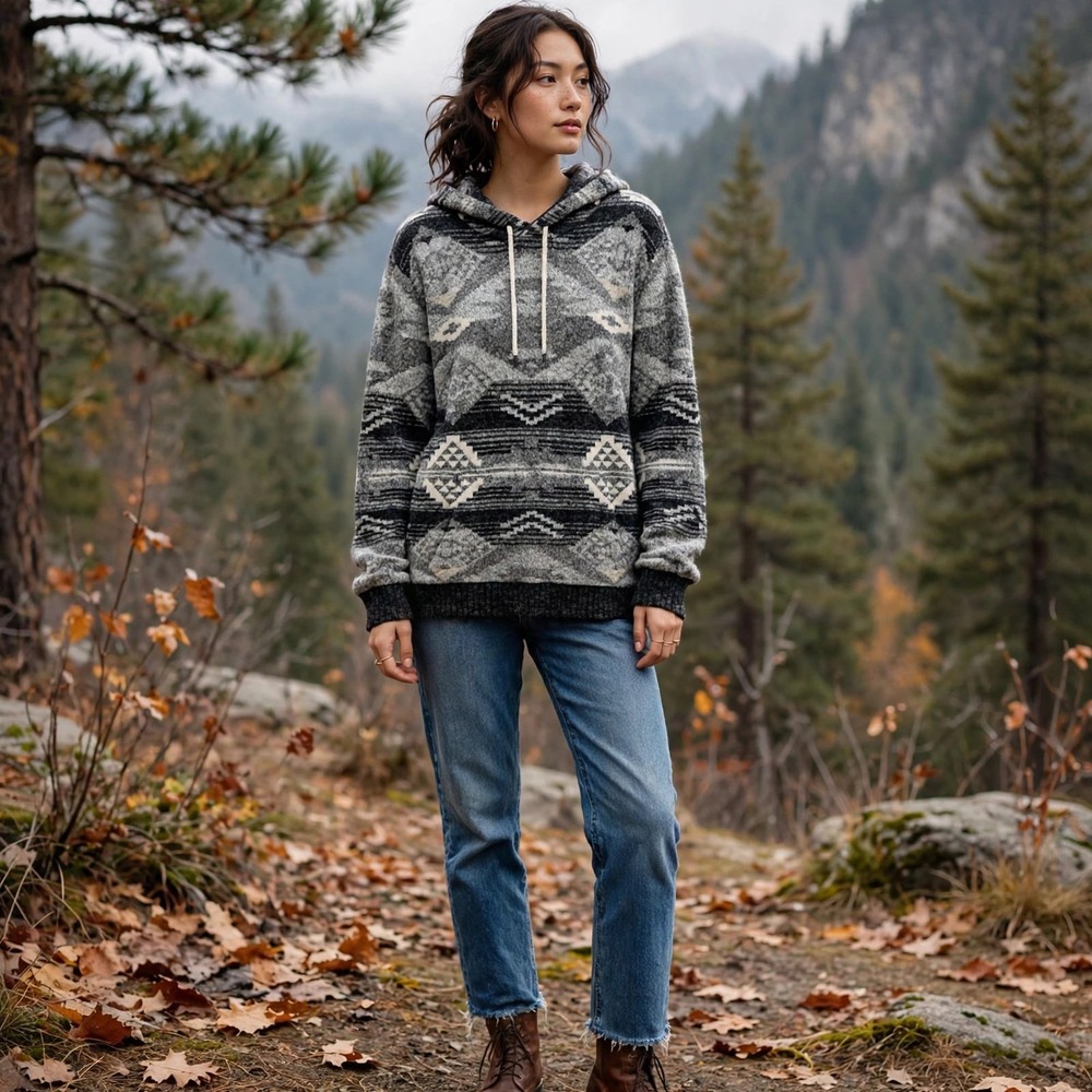 American Eagle Aztec Print Hoodie Sweater Pullover Mens Medium Gray